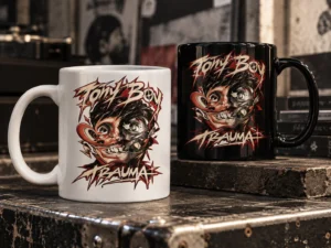 Mockup realistico di due mug Tony Boy, una bianca e una nera, con grafica Trauma su un tavolo in stile industriale.