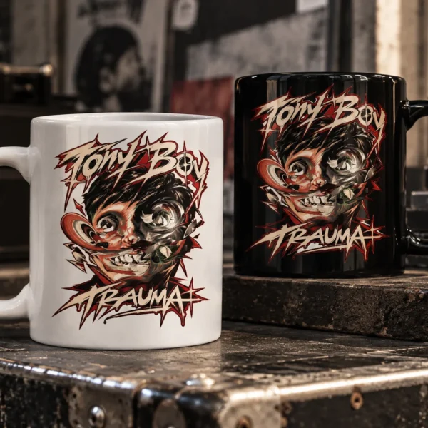 Mockup realistico di due mug Tony Boy, una bianca e una nera, con grafica Trauma su un tavolo in stile industriale.