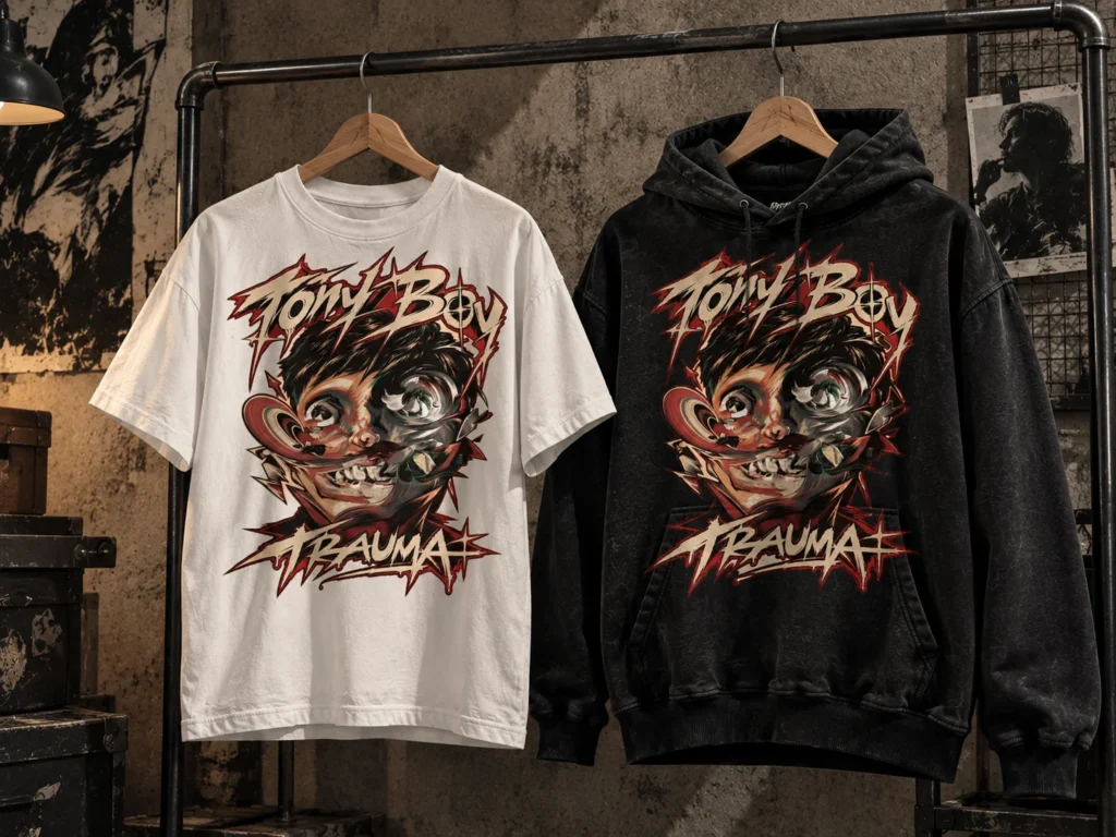 Mockup realistico di T-shirt bianca e hoodie nera Tony Boy con grafica Trauma, appese a grucce in legno su un rack industriale.