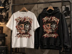 Mockup realistico di T-shirt bianca e hoodie nera Tony Boy con grafica Trauma, appese a grucce in legno su un rack industriale.