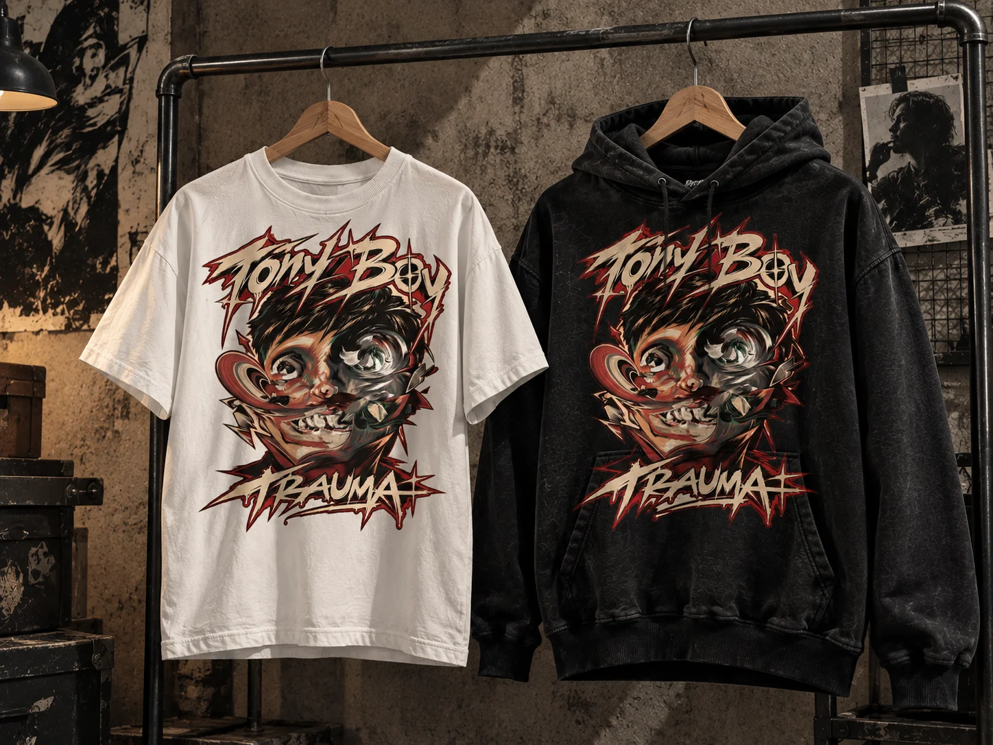 Mockup realistico di T-shirt bianca e hoodie nera Tony Boy con grafica Trauma, appese a grucce in legno su un rack industriale.